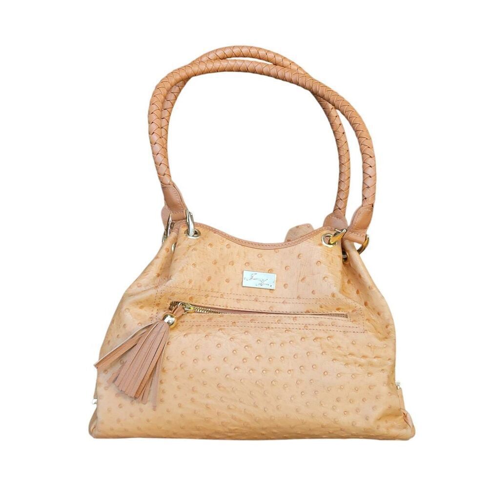 Isabella Adams Handbag Caramel Genuine Leather Ostrich Tassel Braided Handles
